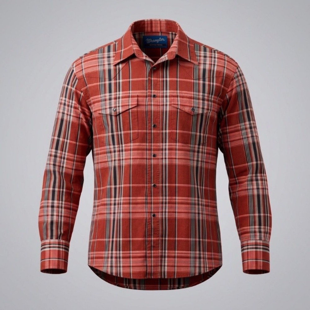 Vintage 90s Wrangler Plaid Pearl Snap Western Cowboy Shirt - Rust Orange